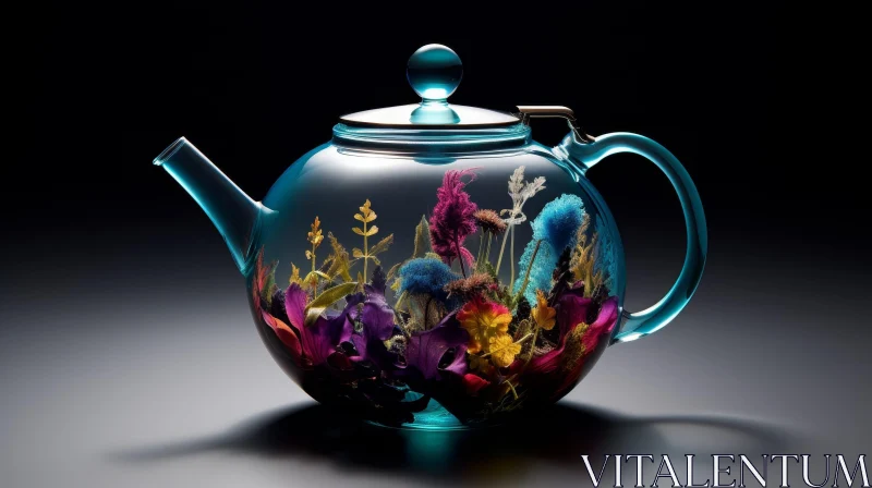 AI ART Glass Teapot with Colorful Flowers - 3D Rendering