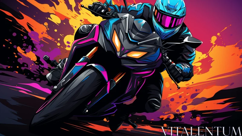 AI ART Motorcyclist Digital Painting: Black and Blue Rider