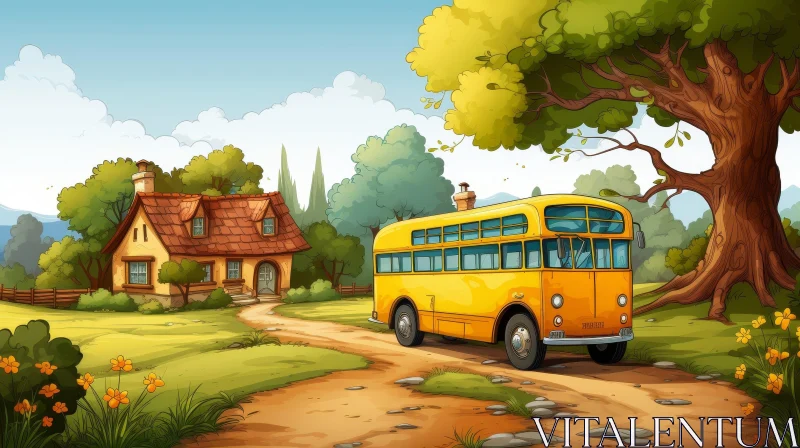Scenic Country Road with Yellow School Bus AI Image