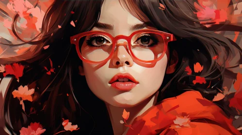 Serious Young Woman Portrait in Red Glasses