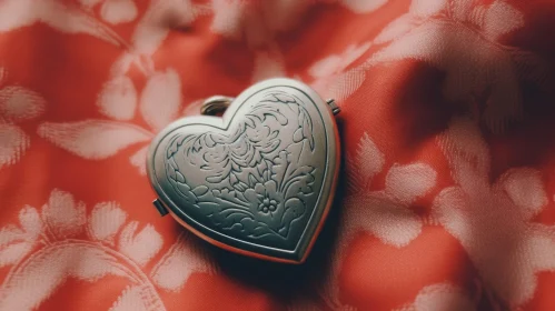 Silver Heart-Shaped Locket on Red Cloth