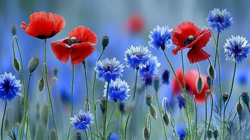 Stunning Red Poppies and Blue Cornflowers in Field