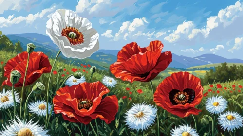 Tranquil Field of Red and White Poppies Painting