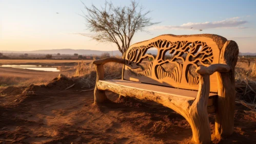 Tranquil Nature Scene with Wooden Bench and Intricate Designs