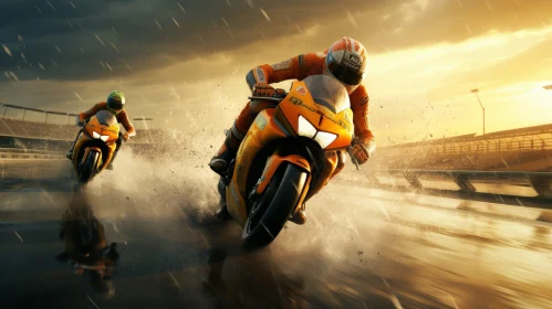 Yellow Leathersuit Motorcycle Racing on Wet Track