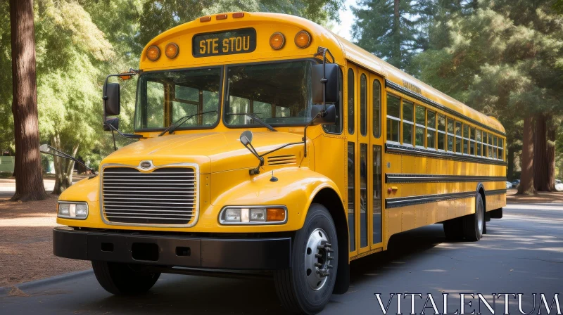 Yellow School Bus in Forest - Blue Bird Vision Model AI Image