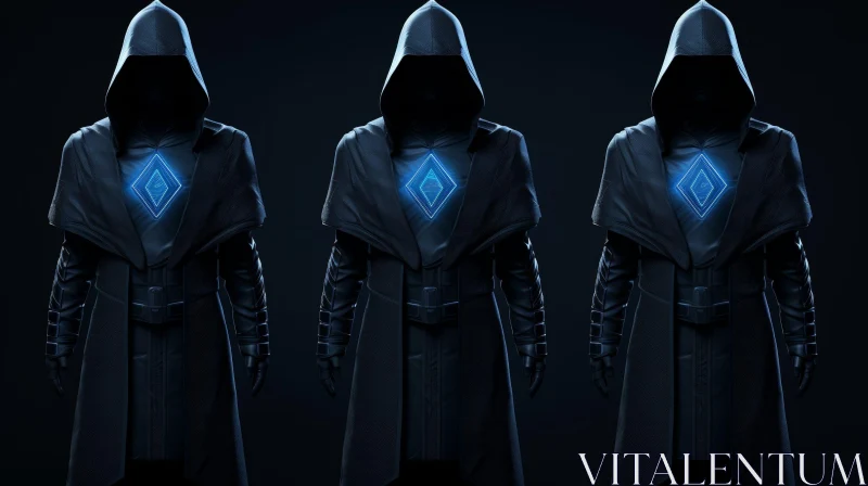 Enigmatic Cloaked Figure with Glowing Blue Eyes AI Image