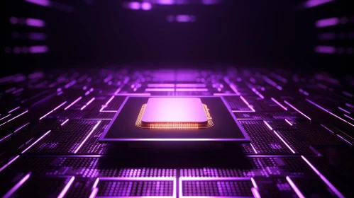Glowing Purple CPU on Futuristic Motherboard - 3D Rendering