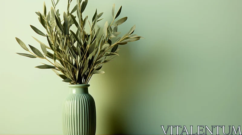 Green Vase and Olive Branches on Sage Green Background AI Image
