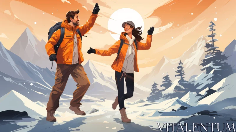 AI ART Mountain Hiking Adventure - Smiling Couple in Orange Jackets