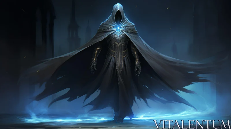 Mysterious Cloaked Figure in Dark Fantasy Illustration AI Image