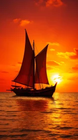 Silhouette of Sailing Ship at Sunset on Calm Sea