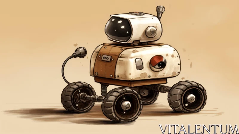 Small White Robot with Brown Wheels on Sandy Surface AI Image