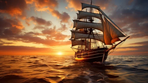 Tall Ship Sailing Painting on Rough Sea