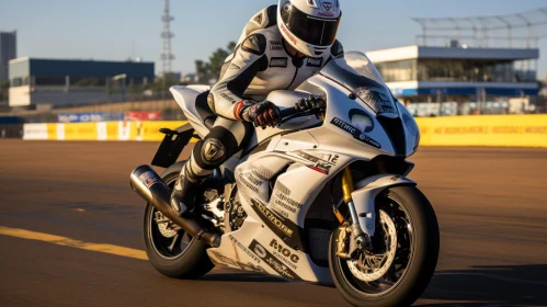 White Sport Bike Rider on Race Track