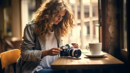 Young Woman in Cafe with Vintage Camera