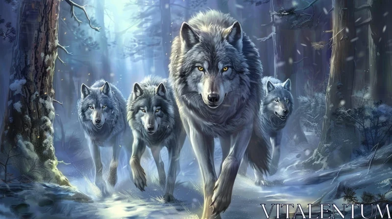 AI ART Energetic Wolves Racing Through Snowy Forest - Digital Painting