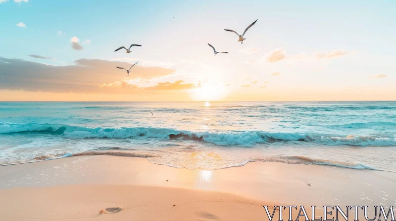 Golden Sunset Beach Scene with Seagulls and Waves AI Image