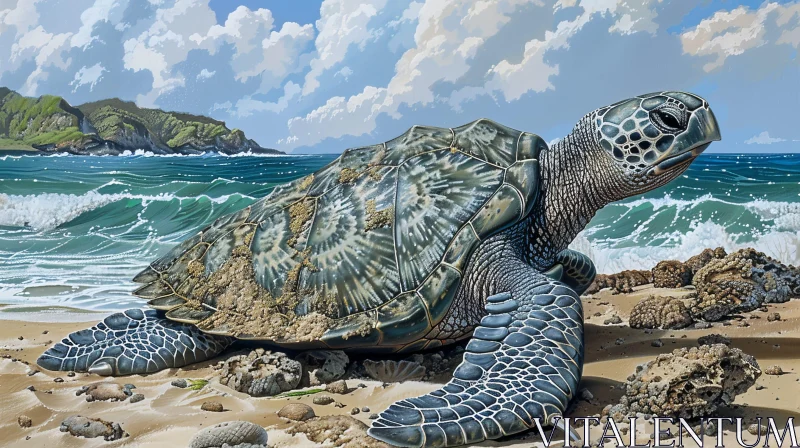 AI ART Green Sea Turtle Painting on Beach