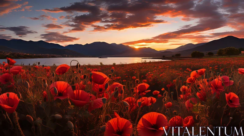 Scenic Landscape: Field of Red Poppies with Lake and Mountains AI Image