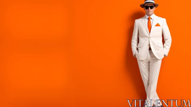 Serious Man in White Suit on Orange Background AI Image