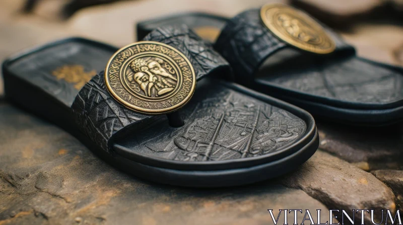 Unique Black Leather Sandals with Gold Medallion AI Image