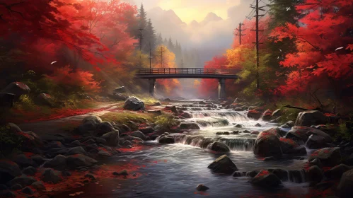Autumn Forest Landscape: Tranquil Scene with River and Bridge