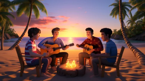 Beach Bonfire: Joyful Men Playing Guitars at Sunset