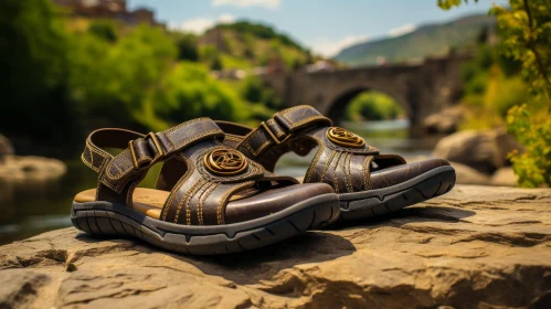 Brown Leather Sandals with Golden Buckle by the River