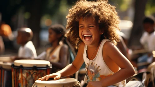Cheerful Girl Playing Djembe with Children | Street Music Scene
