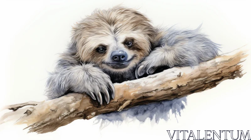 Cute Sloth Watercolor Painting on Tree Branch AI Image
