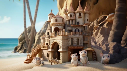Enchanting Beach Scene with 3D Sandcastle and Colorful Mice