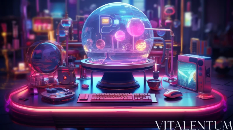 Futuristic Computer Workstation with Glass Sphere AI Image