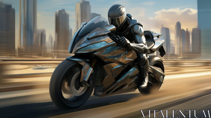 Futuristic Motorcycle Suit Riding Man in Cityscape AI Image