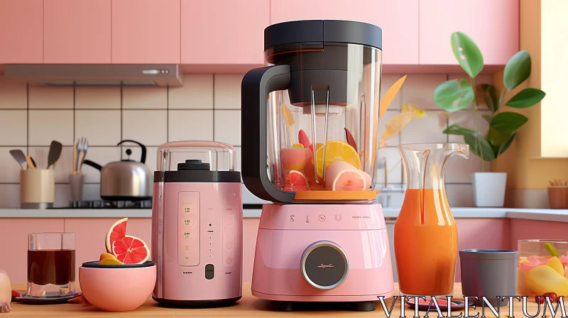 AI ART Modern Kitchen with Pink Blender and Fruits