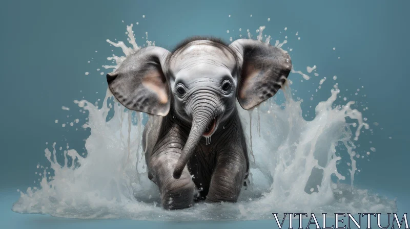 AI ART Playful Baby Elephant Splashing in Blue Water