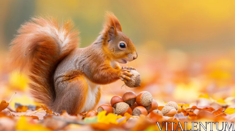AI ART Red Squirrel on Autumn Leaves with Acorn - Wildlife Photography