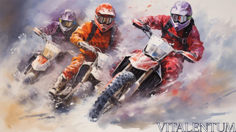 Snowy Forest Dirt Bike Racing Action AI Image