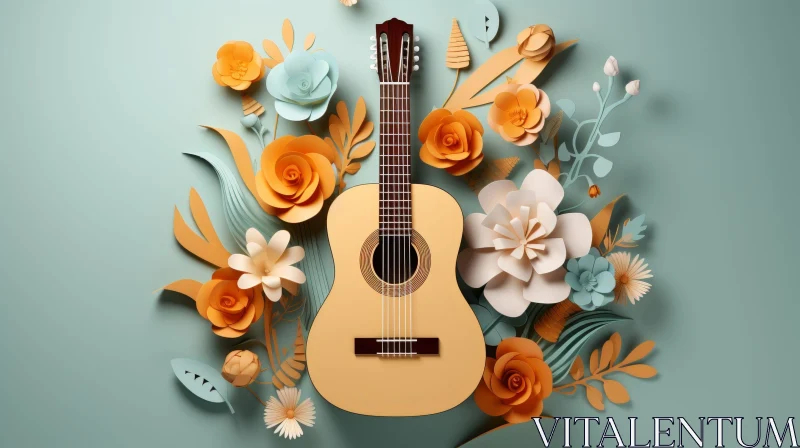 Acoustic Guitar with Paper Flowers and Leaves AI Image