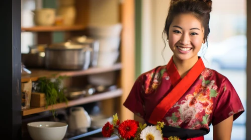 Asian Woman in Red Floral Kimono Smiling in Kitchen