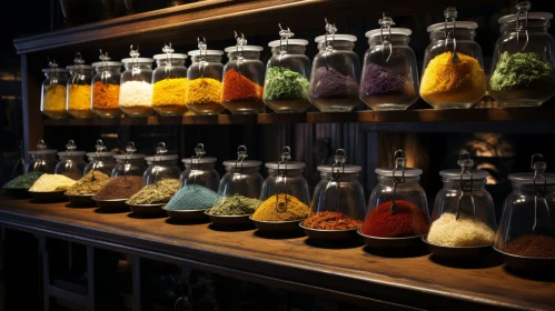 Exquisite Spice Display: Wooden Shelves & Glass Jars