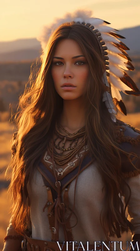 Native American Woman Standing in Field at Sunset AI Image