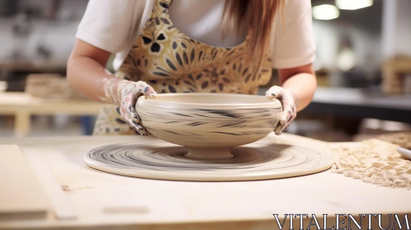 Potter Crafting Handmade Bowl on Spinning Wheel AI Image