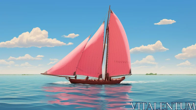 Red-Sailed Ship Painting on Blue Sea AI Image