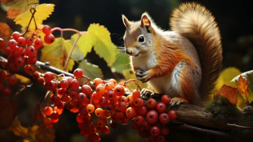 Red Squirrel Eating Berries on Tree Branch
