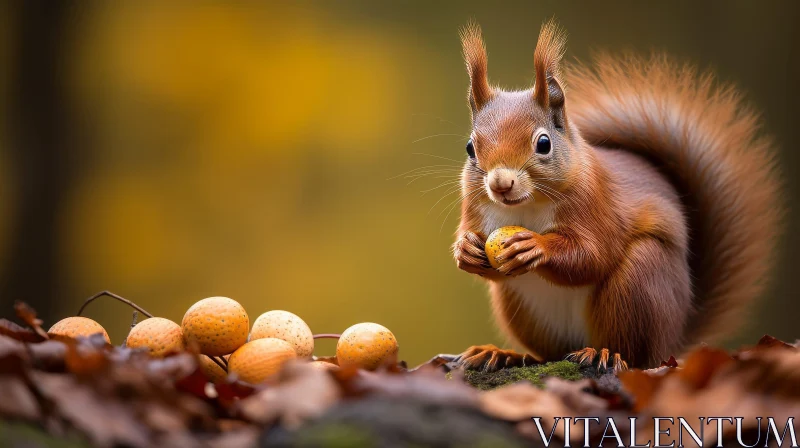 Red Squirrel on Tree Branch with Nut - Wildlife Photography AI Image