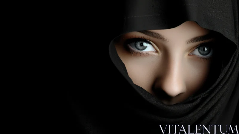 AI ART Serious Young Woman in Black Hijab with Light Blue Eyes