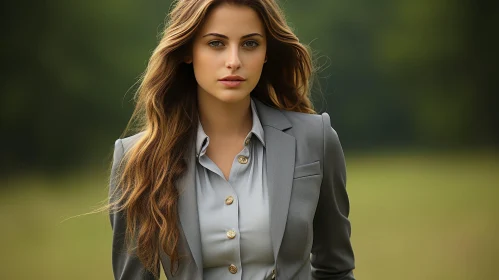 Serious Young Woman Portrait in Gray Suit