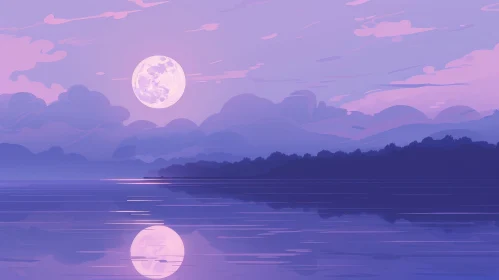 Tranquil Purple Night Landscape with Lake and Mountains