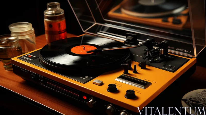Vintage Orange Record Player on Wooden Table AI Image